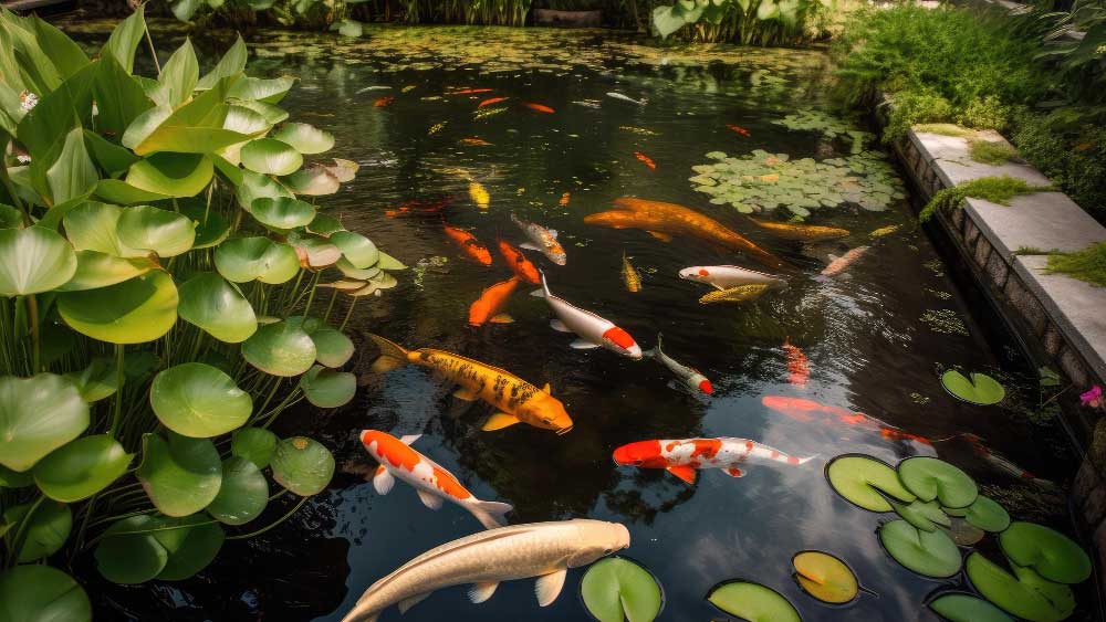 Lush koi pond with vibrant fish among water lilies, likely maintained by hidden bead filters for clarity.





