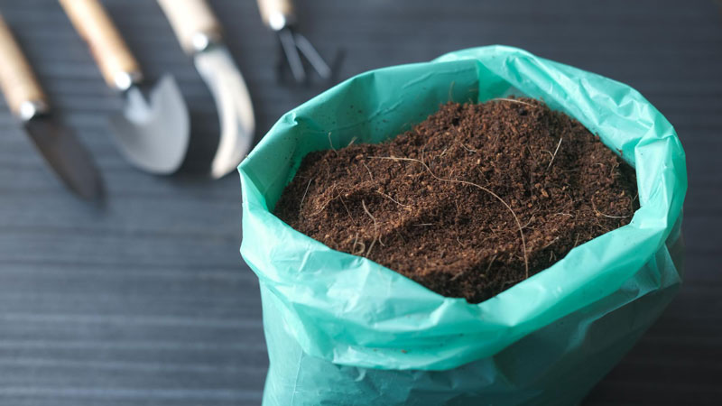 Open bag of rich garden compost on a wooden surface with gardening tools in the background, ready for use.
