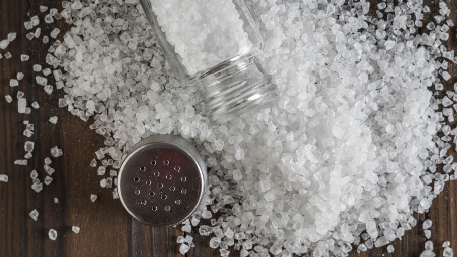 Spilled Epsom salt crystals with shaker on wooden surface.