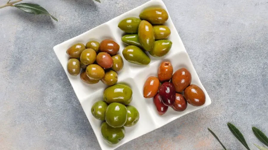 Assorted olives in shades of green and brown, presented on a white divided plate, with olive leaves.





