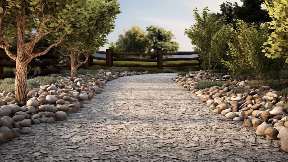 Curved gravel driveway edged with stones and flanked by trees, related to 'gravel driveway' preparation.