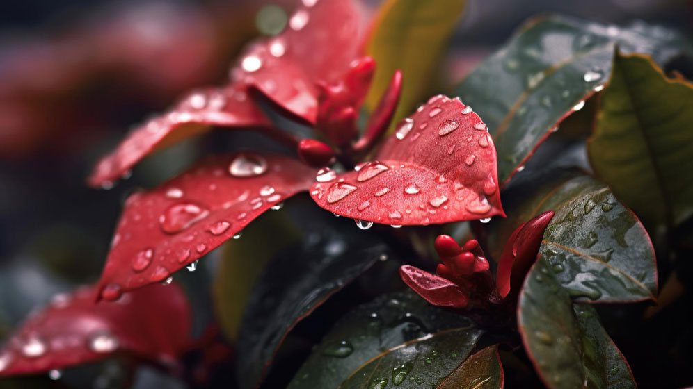 Raindrops on a garden croton with glossy red leaves and budding flowers, suggesting overwatering issues.