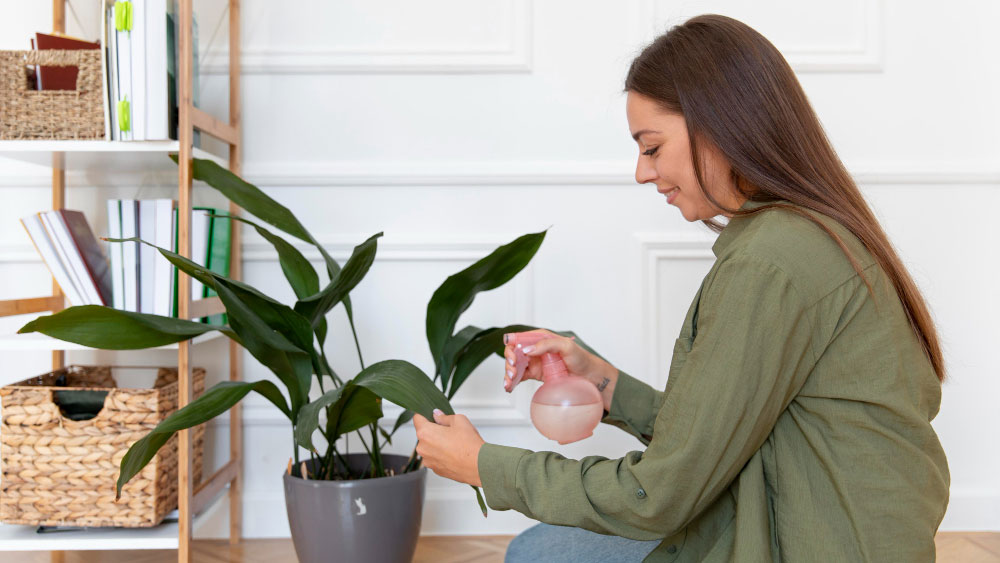 Woman misting a potted indoor plant with a spray bottle.