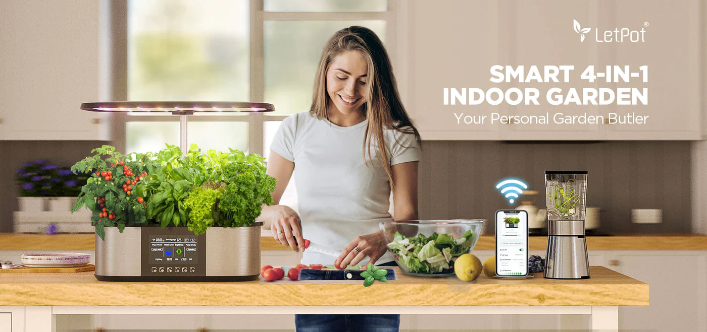 Woman tending to herbs in a smart indoor garden system with a mobile app.