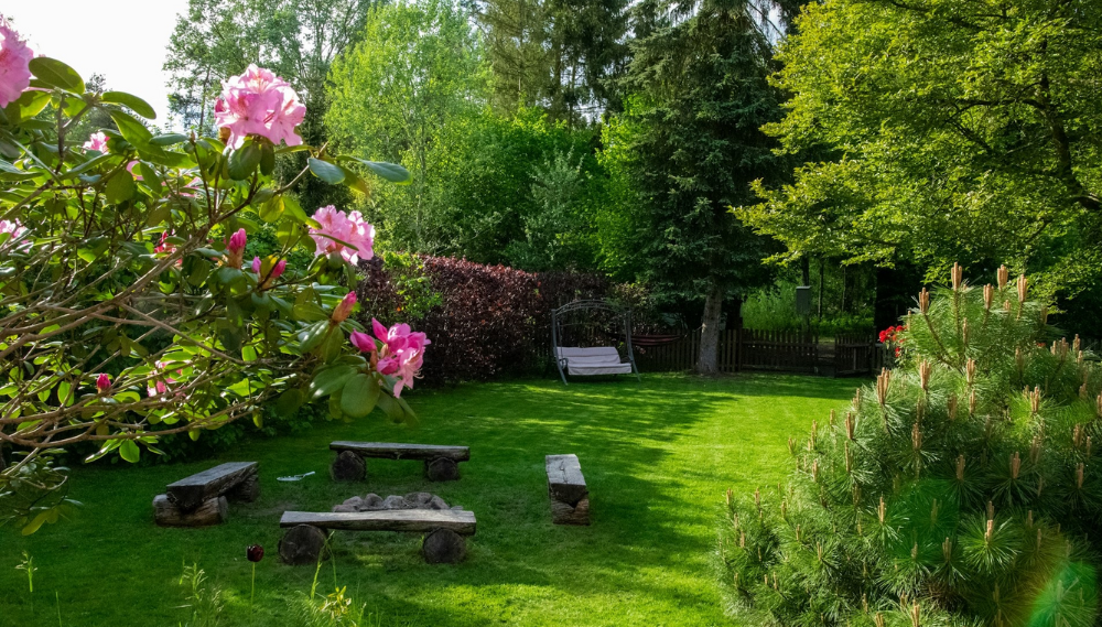 Serene garden with pink flowers, a swing bench, green lawn, log benches, surrounded by trees.