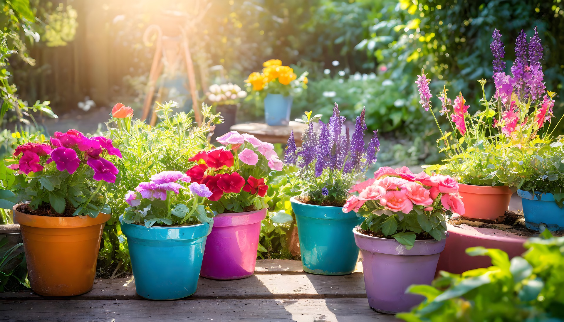 Fertilizer enriches bright garden blooms in colorful pots under warm sunlight.